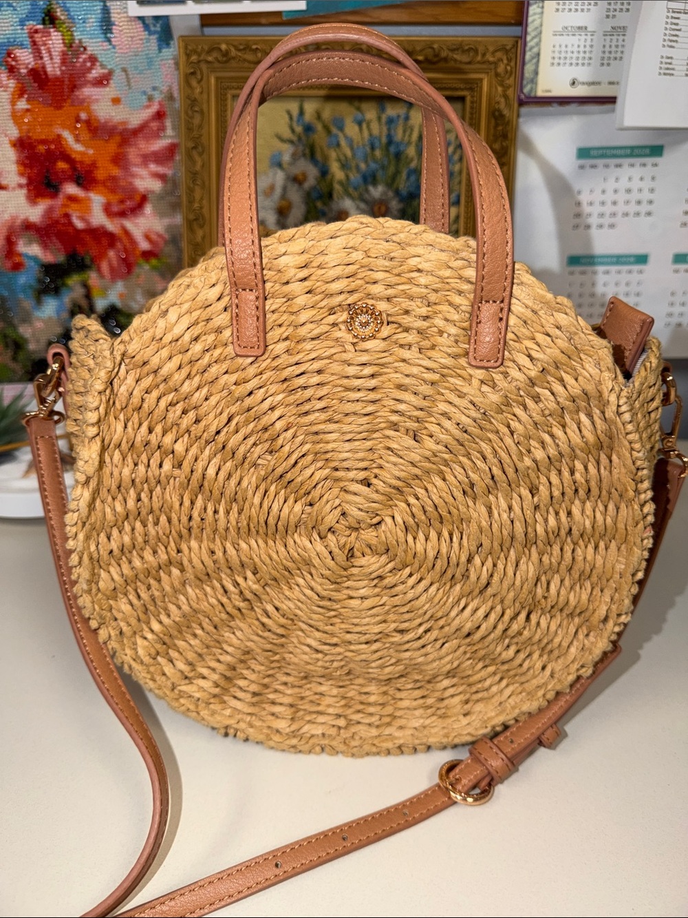 Lauren Conrad Raffia Brown Faux Leather Round Crossbody Purse